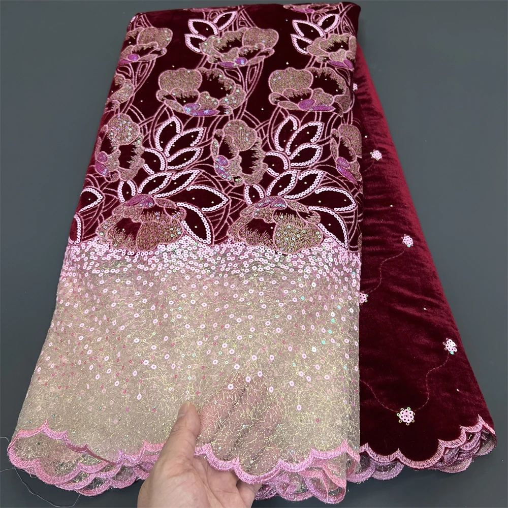 

2026 High Quality African Nigerian velvet lace fabric Sequins Beads Guipure For Sewing Wedding Party Dress 5yards