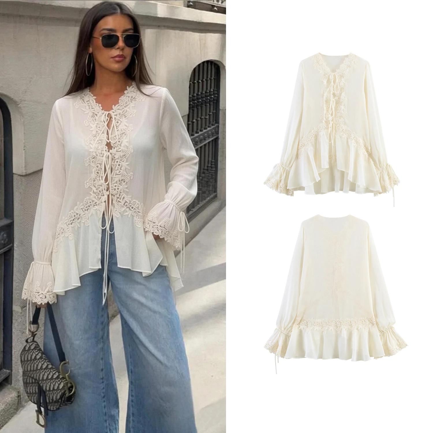

Women's See-Through Lace-Up Blouse Shirt Summer Chic Crochet Splicing Shirt Trendy Ruffles Leisure Female Stain tShirt
