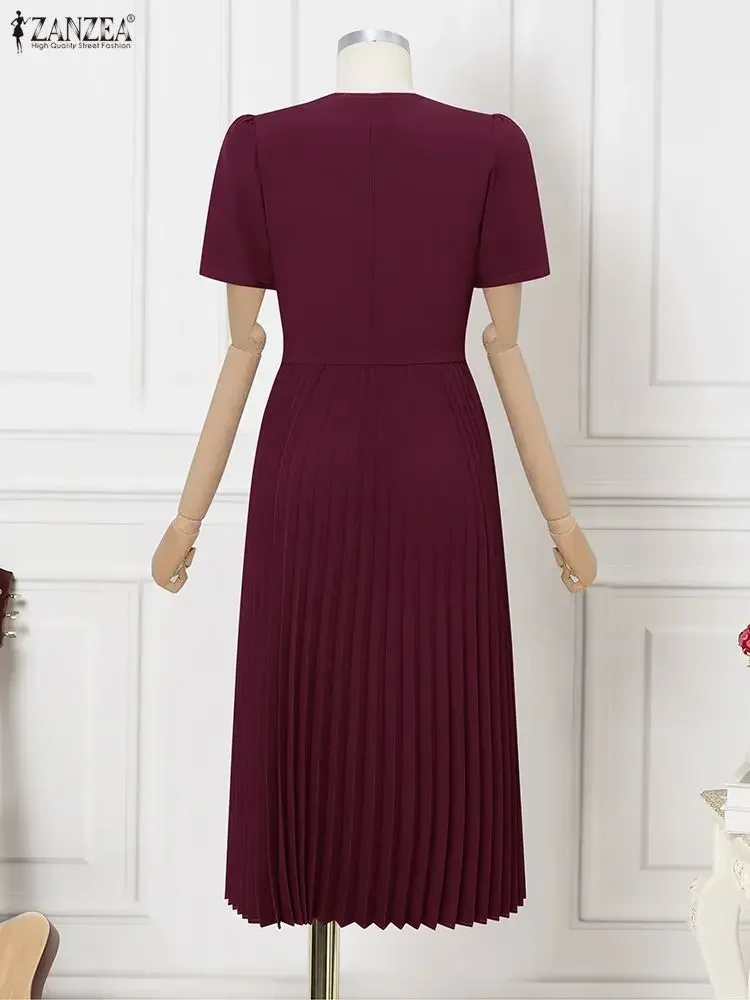 Elegancka damska sukienka midi z plisami na lato, kwadratowy dekolt, długa koszula, sukienka na imprezę, modne sukienki, krótki rękaw, codzienna, jednolita sukienka.