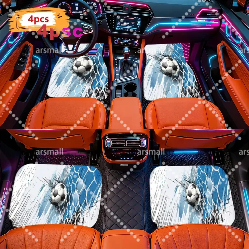 2D Flat, 4pcs Modern Minimalist Car Floor Mats With Dynamic Soccer Ball Goal Pattern - Compatible With Multiple Car Models, Easy