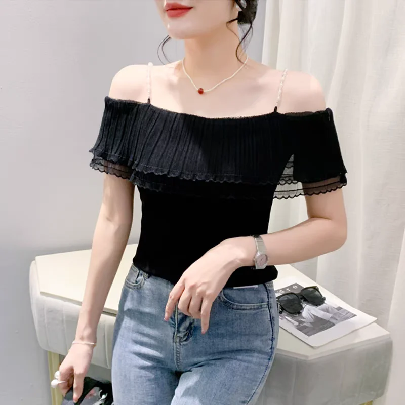 Fashion Summer Sweet Girl Sexy Off-Shoulder T-shirt Elegant Slash Neck Ruffle Slim Tops Women Chic Pearl Chain Suspenders Tees