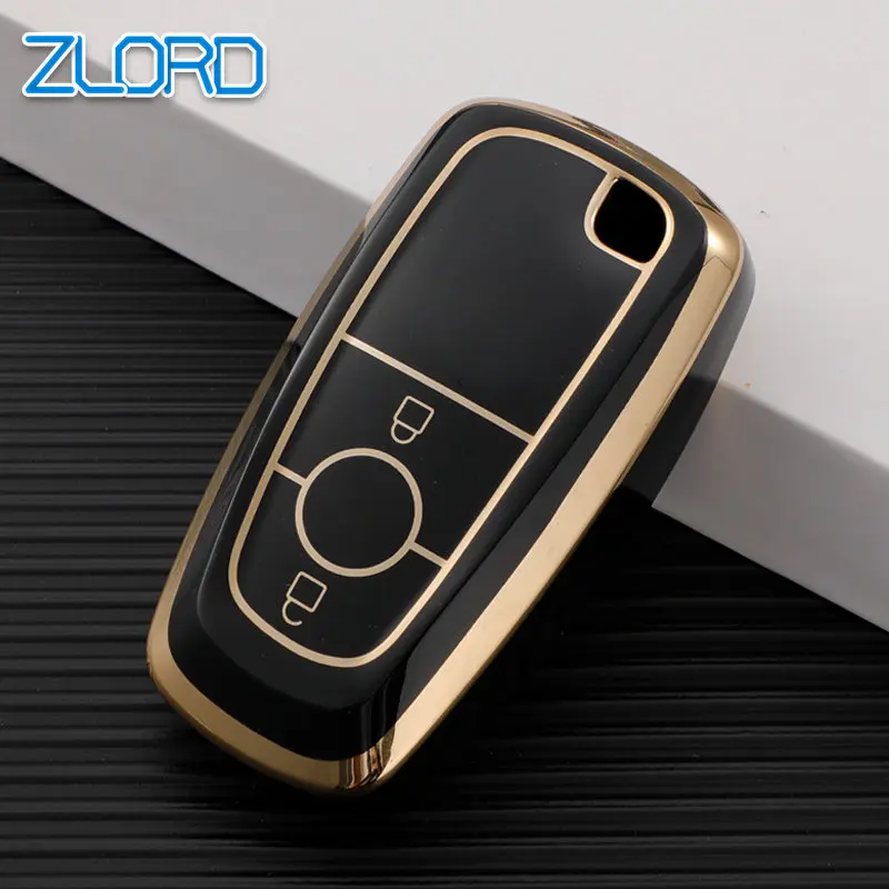 Key FOB Remote Case Pouch Holder for Ford 2018 Ecosport Ranger Raptor 2 Button Smart Keyless TPU Gold Edge