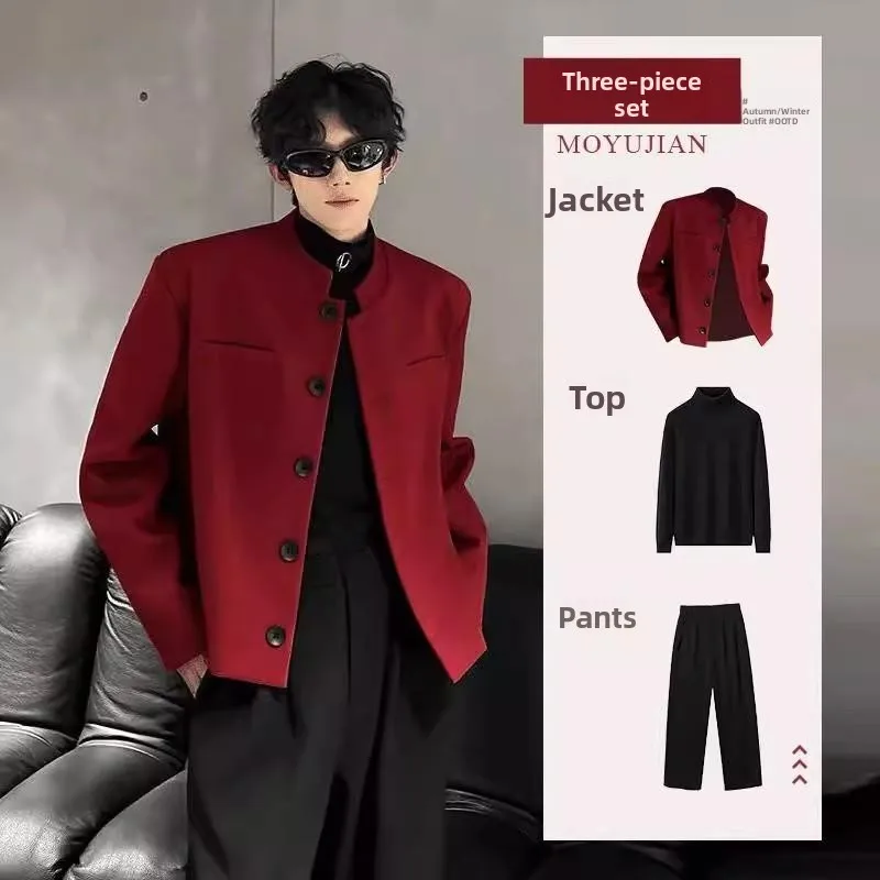 

New Chinese Sle Men's ort Pad oulder Suit Jaet Red Color Stand Collar Western Sle Clothing Set Busin Gentleman