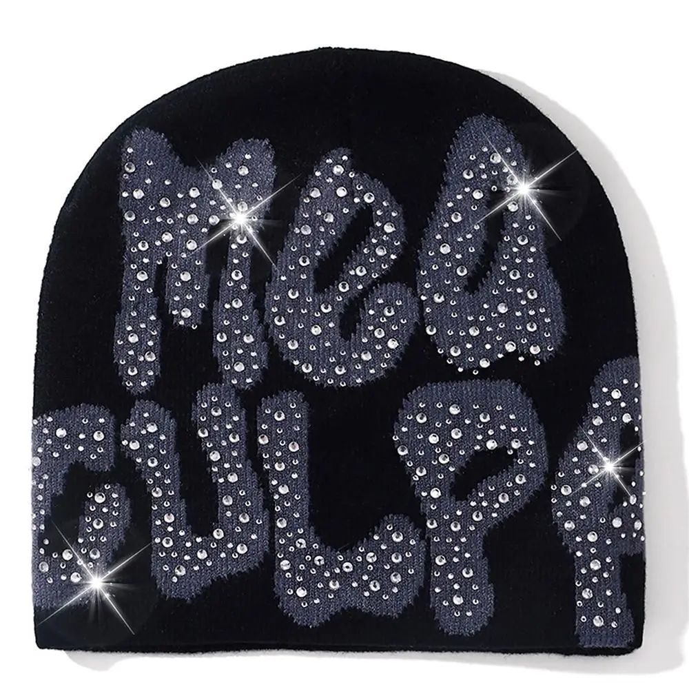 Błyszcząca MEA Culpa czapka beanie z Rhinestone dla kobiet mężczyzn Y2k czapki Hip-hopowa miękka rozciągliwa ciepła dzianinowa czapka z daszkiem