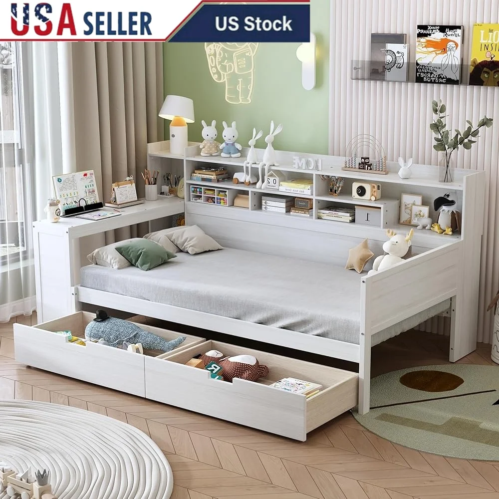 

Twin Size Wooden Daybed with Storage Shelves Study Desk Two Drawers Space-Saving Multi-Functional Bedroom Furniture
