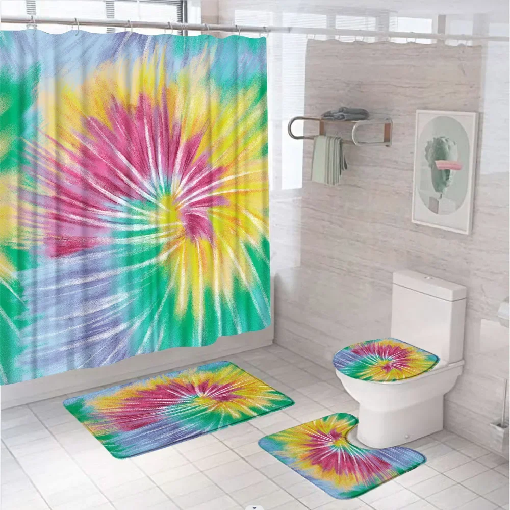 Tie Dye Shower Curtain Set Colorful Rainbow Abstract Spiral Psychedelic Boho Bathroom Curtain Non-Slip Rug Toilet Cover Bath Mat