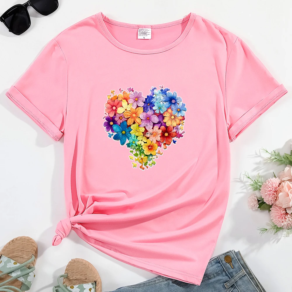 

Women's T-shirt Flowers Heart Pattern Print Round Neck Summer Casual Streetwear Female Clothing Top Tees Comfortable Breathable