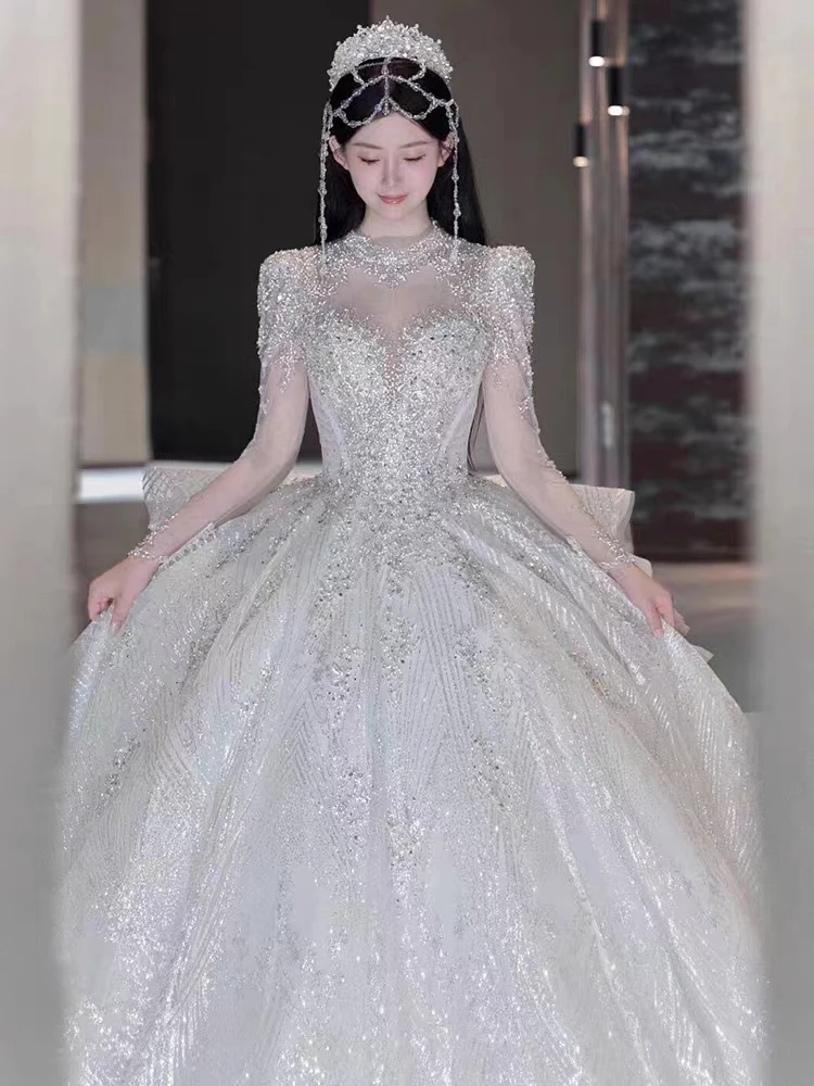 

Ele Long Sve High Collar Wedding Dr Luxury Heavy Embroidery Floor Length Net Fabric Korean Sle Bridal Gown