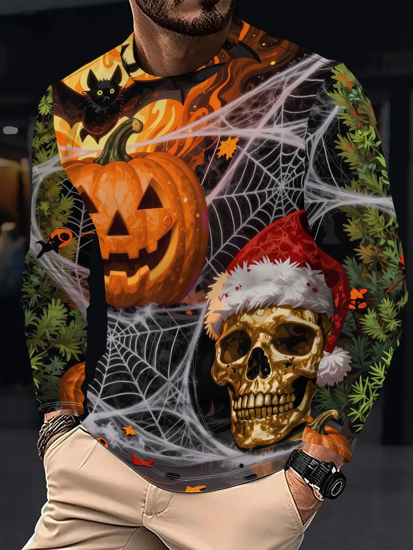 Men Long Sleeve T‑Shirt Pumpkin Spider Web Skull Cat 3D Print Halloween Gothic Casual Top