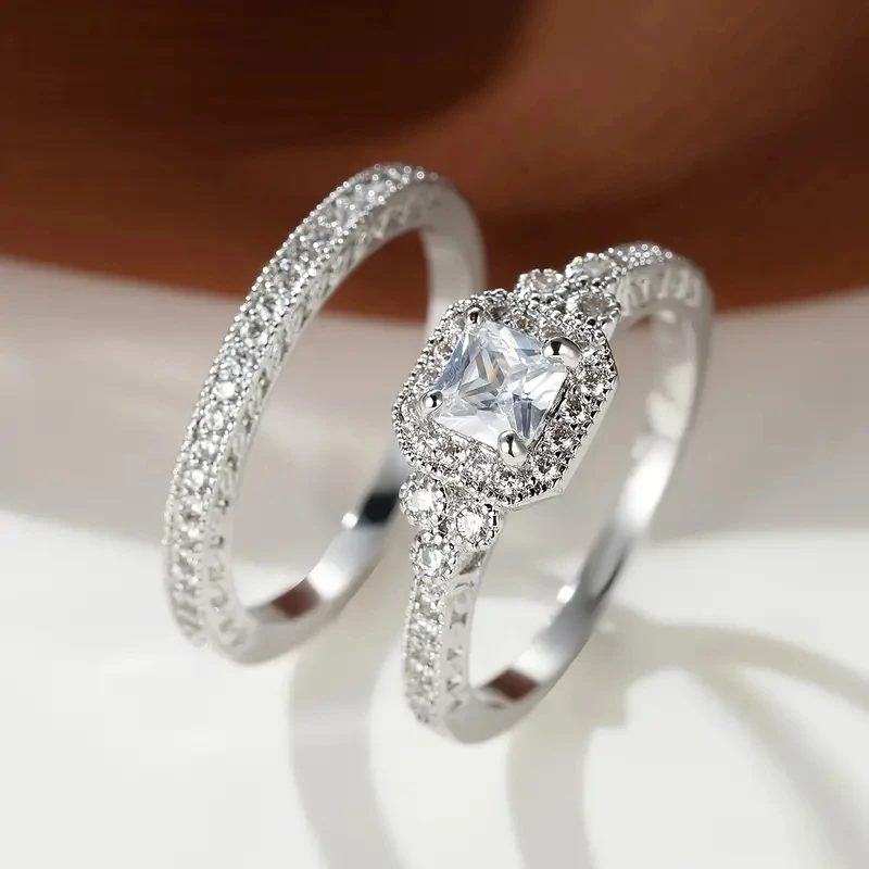 Huitan Prinzessin weiß/schwarz Set Ringe für Frauen 2 Stück Luxus Zirkon Zirkon Hochzeit Accessoires Temperament eleganten weiblichen Schmuck