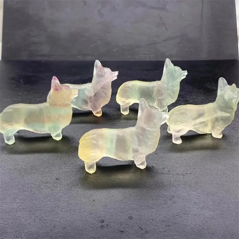 

Natural Rainbow Fluorite Cartoon Dog Carving Sculpture Healing Gemstone Crystal Crafts For Home Decoration Ornament 1PCS