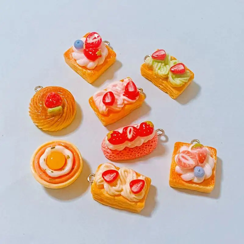 

10pcs Cute Strawberry Bread Pink Cake Resin Charms Handmade Earring Pendants Jewelry DIY Necklace Keychain Accessories