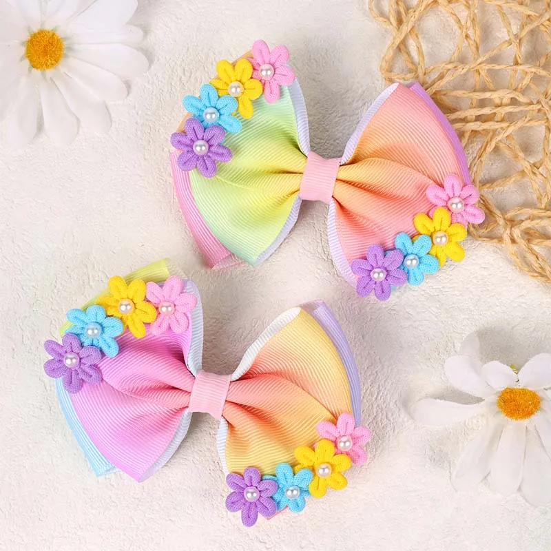 ncmama Rainbow Color Double Layer Bow Hair Clips Cute Flower Pearl Hairpin Baby Ribbon Barrettes Girls Hair Accessories Headwear