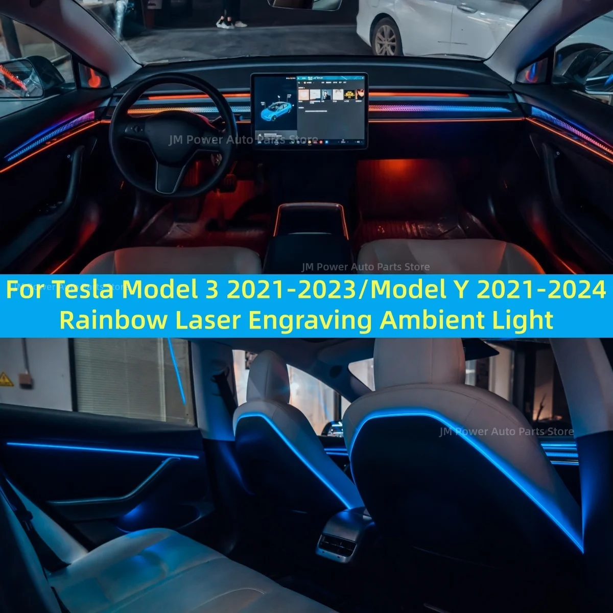 RHD/LHD For Tesla Model 3 2021-2023/Model Y 2021-2024 Laser-engraved ambient light Backrest lamp Saddle lamp tweeter cover LED