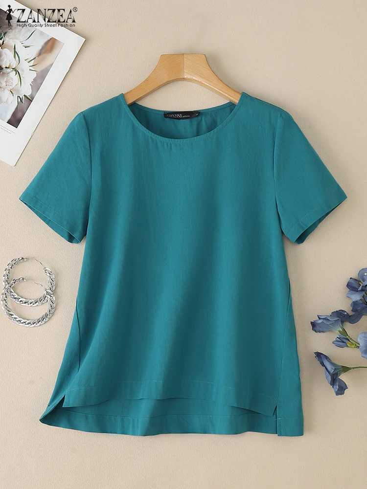 

ZANZEA Casual Cotton Blouses Solid Color Day Wear Woman O-Neck T-Shirts Vacation 2025 Summer High-Low Short Sleeve Blusas Mujer