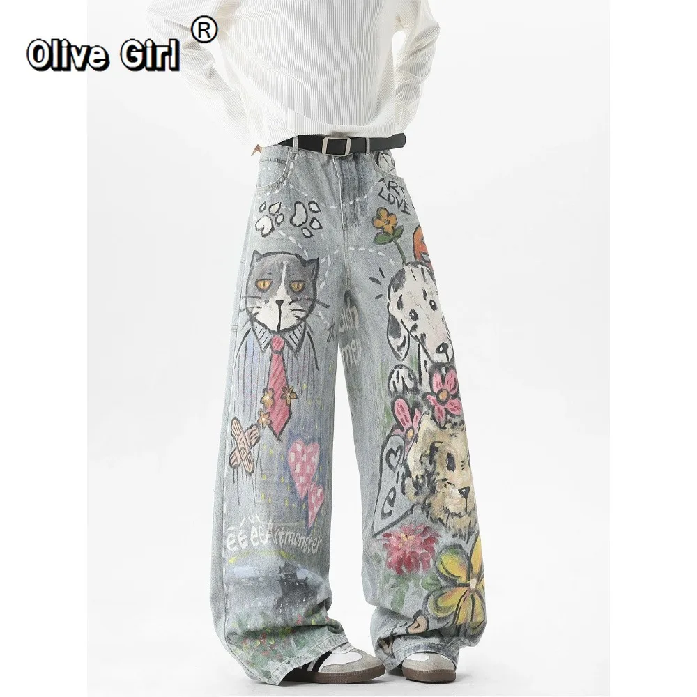 Olivegirl American Graffiti Jeans Men Women Trousers Trendy Hand-painted Cat Dog Spring Niche Fashion Design Casual Pants