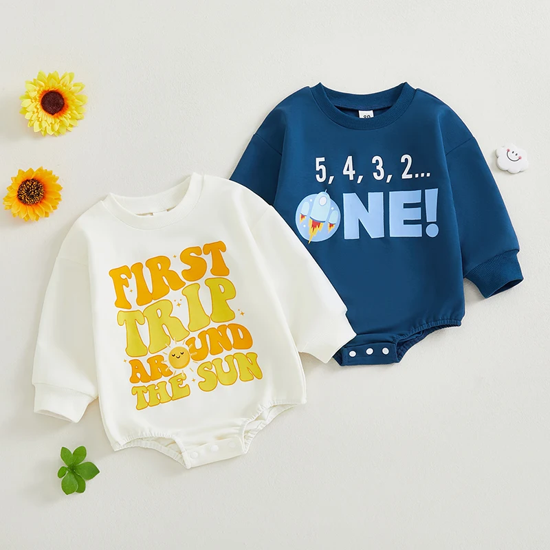 

2024-10-05 Lioraitiin Baby Girls Boys First Birthday Romper, Long Sleeve Crew Neck Letters Print Fall Bodysuit Clothes