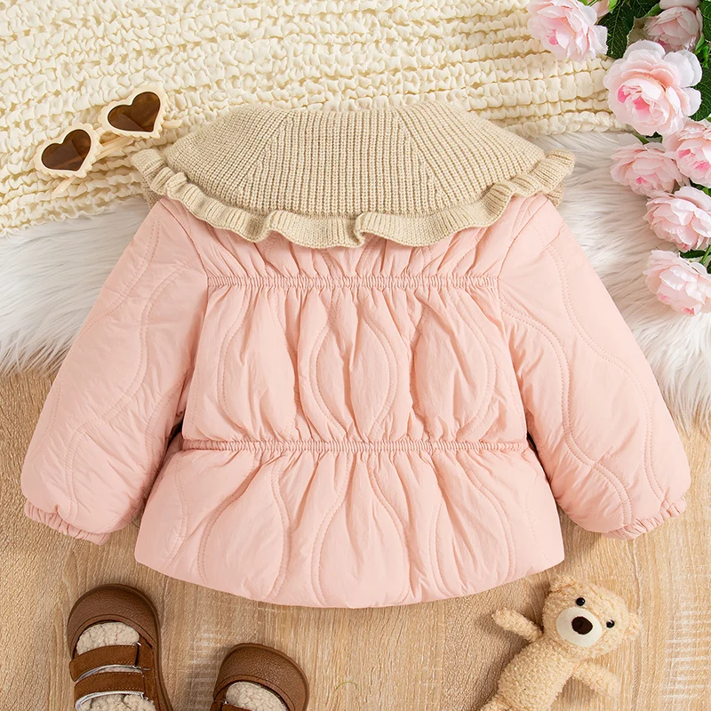 Winter Casual Cute Baby Girl Cotton Coat Girls\' Spliced Large Lapel Bow Solid Color Long Sleeved Cotton Coat