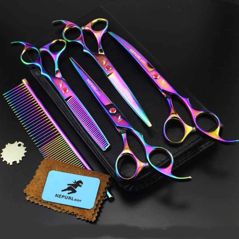 Imagem -04 - Polegada 4pc Pet Grooming Scissors Conjunto de Corte em Linha Reta Dentes Corte Peixe Osso Tesoura Prt Grooming Ship Pet Corte 7.0