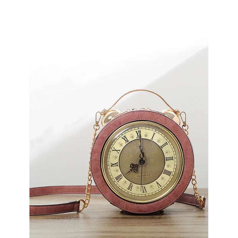 

Round Vintage Clock Face Design PU Leather Crossbody Bag with Gold Chain Strap Women's Fashion Statement Bag