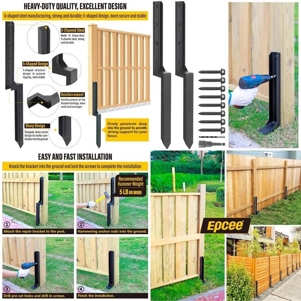 

Heavy Duty Steel Repair Stakes, Anchor Ground Spike, for Repair Tilted/Broken Wood Fence Post (2 Pack/Black）