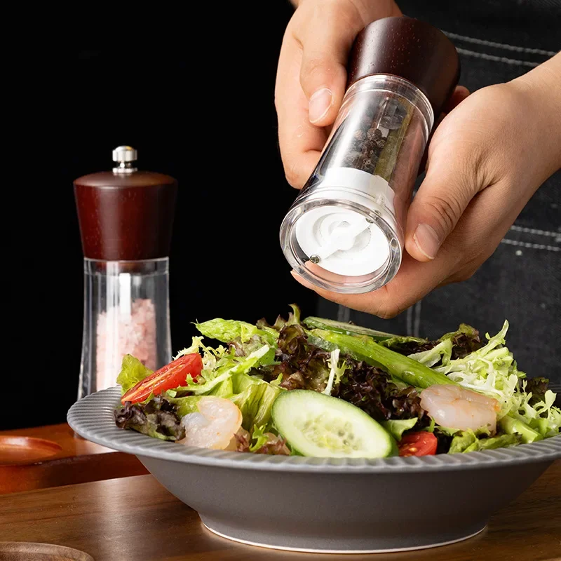 Transparent Acrylic Pepper Grinder Set With Base,Manual Solid Wood Head Rose Sea Salt Pepper Mills Western Seasoning Grinding