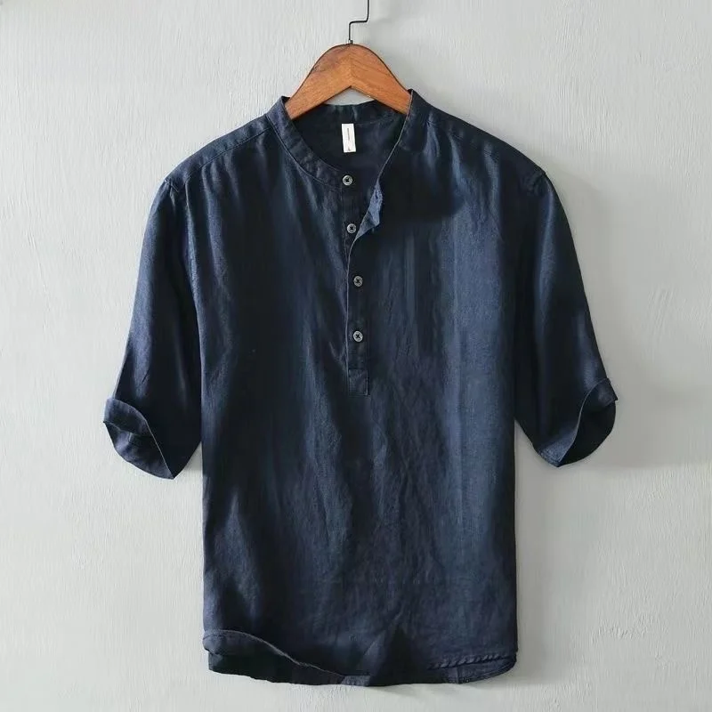 White Short Sleeve Pure Linen Casual Shirt Men's Cotton Linen Half Sleeve Shirt Summer Breathable Moisture Wicking  Color