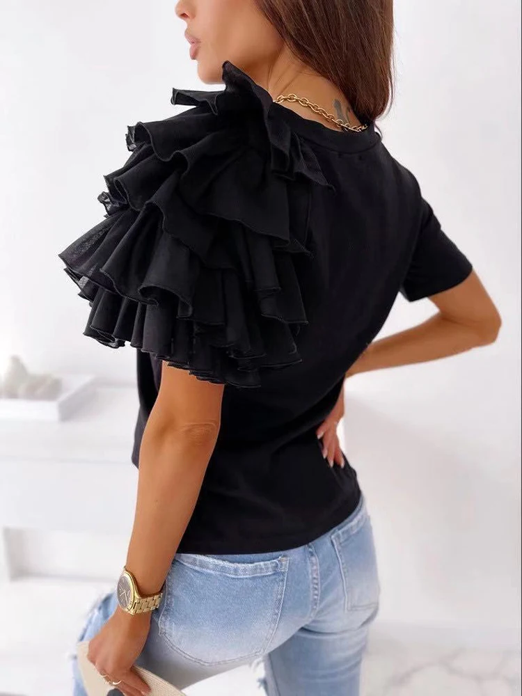 Women Summer Ruffles Short Sleeve Loose T Shirt Chic Elegant Solid O Neck Tops Casual Simple All Match Tee Streetwear Blouse