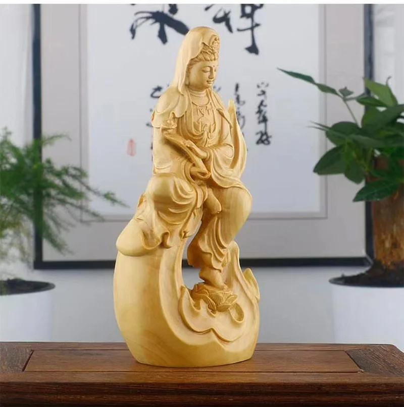 Natural Cypress Guanyin Decorative Figures Statue Solid Wood Carved Chinese Buddha Statues Home Room Office Feng Shui Art Statue