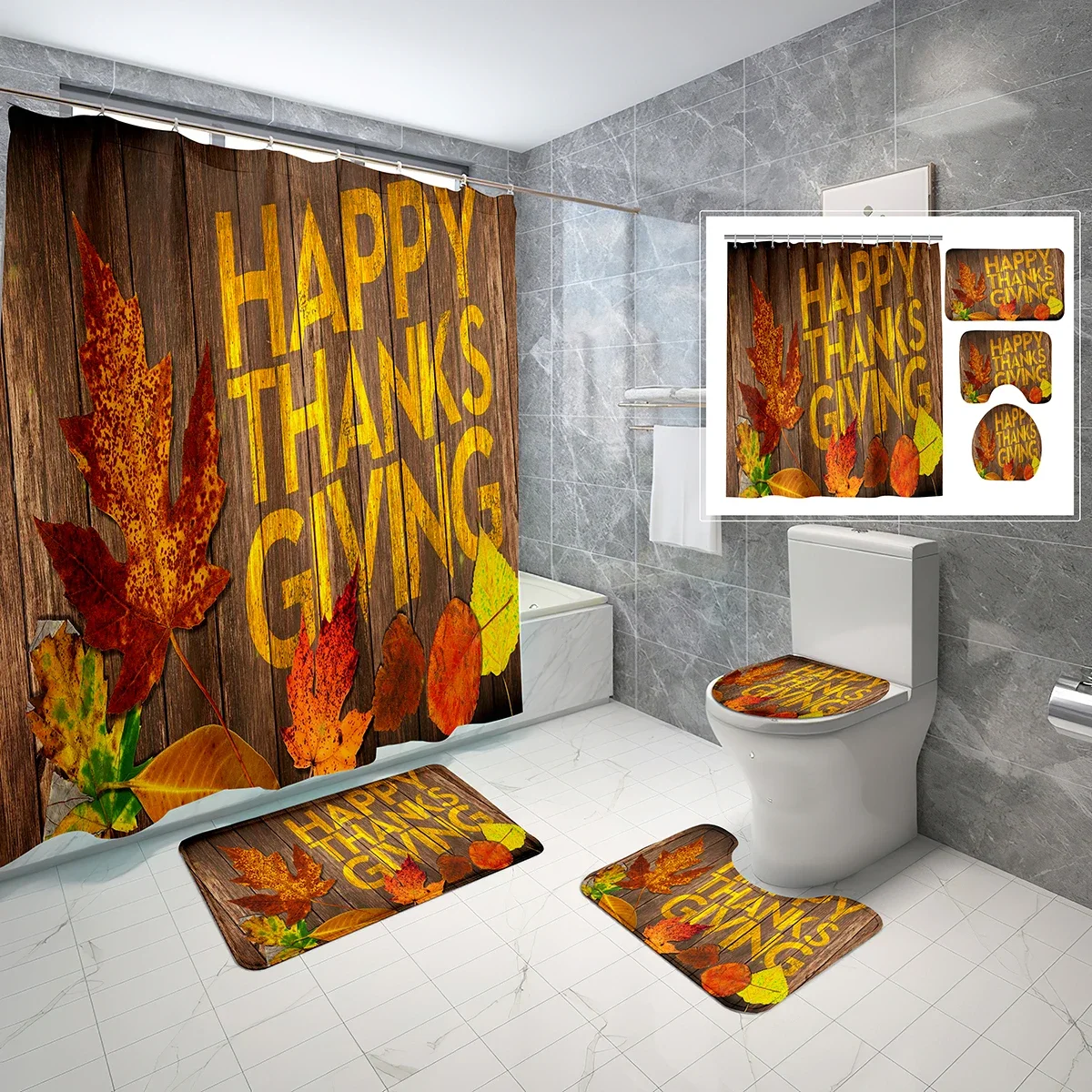 4 Pcs Thanksgiving Shower Curtain Sets with Toilet Lid Cover and Bath Mat Autumn Holiday Turkey Waterproof Bathroom Decor Sets