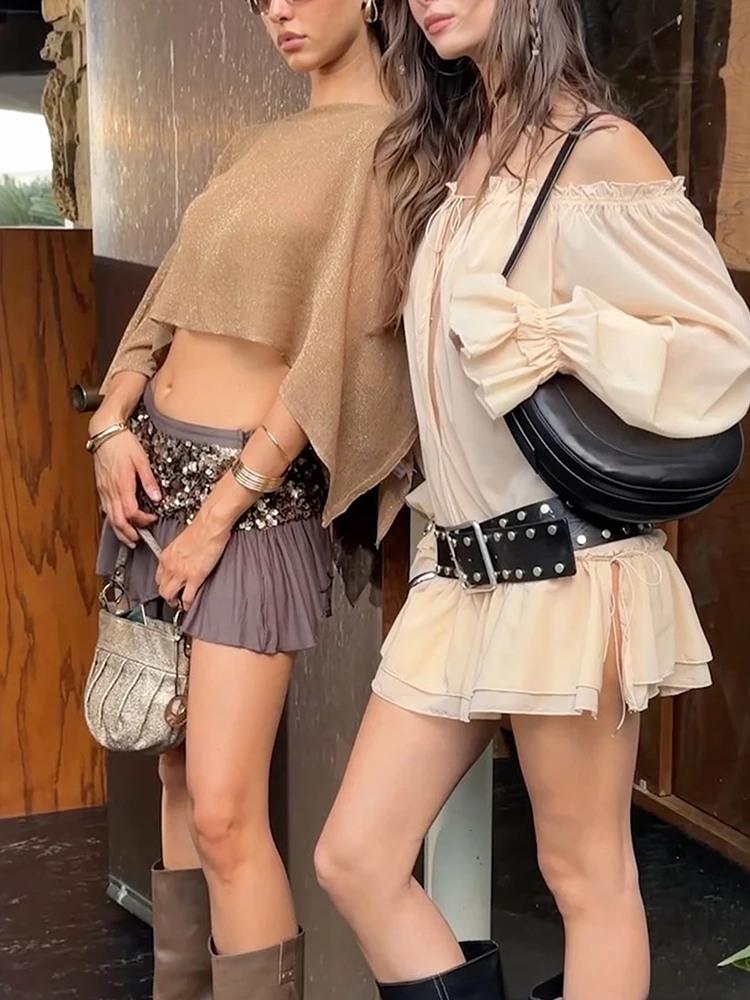 

Whatiwear 2 Piece Set Women Hottie Irregular Wild Trend Bright Silk Shawl Tops+Sequin Patchwork Skirts Sexy Party Streetwear