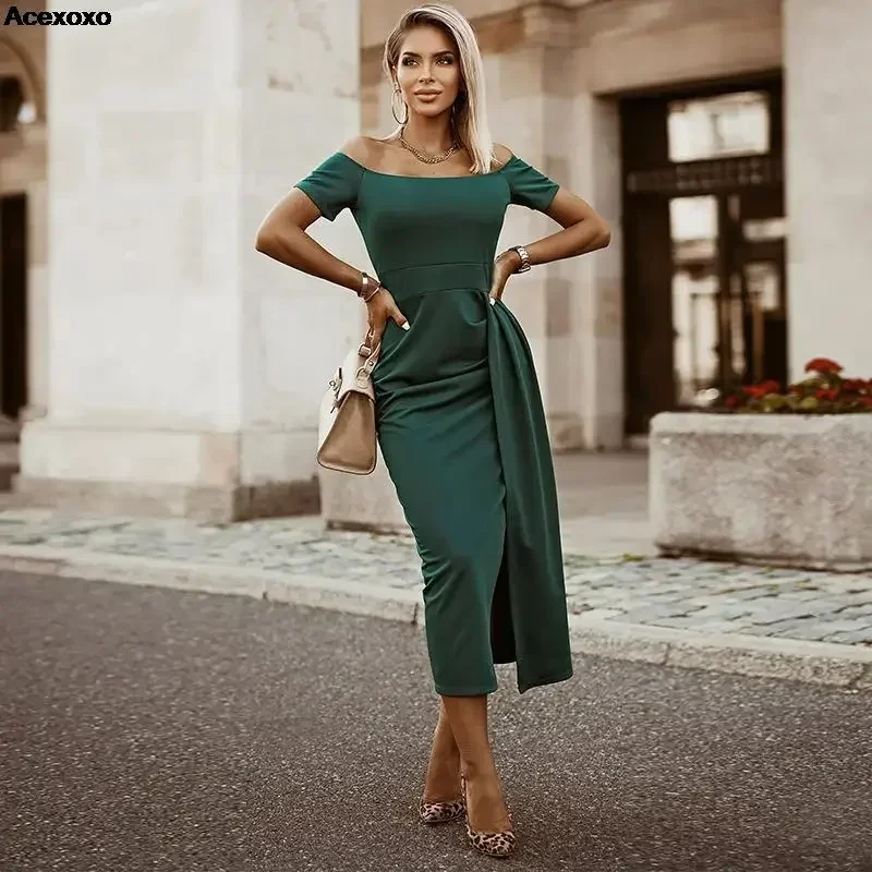 

Summer new women's fashion casual strapless short sleeve party solid color side slit tight dress