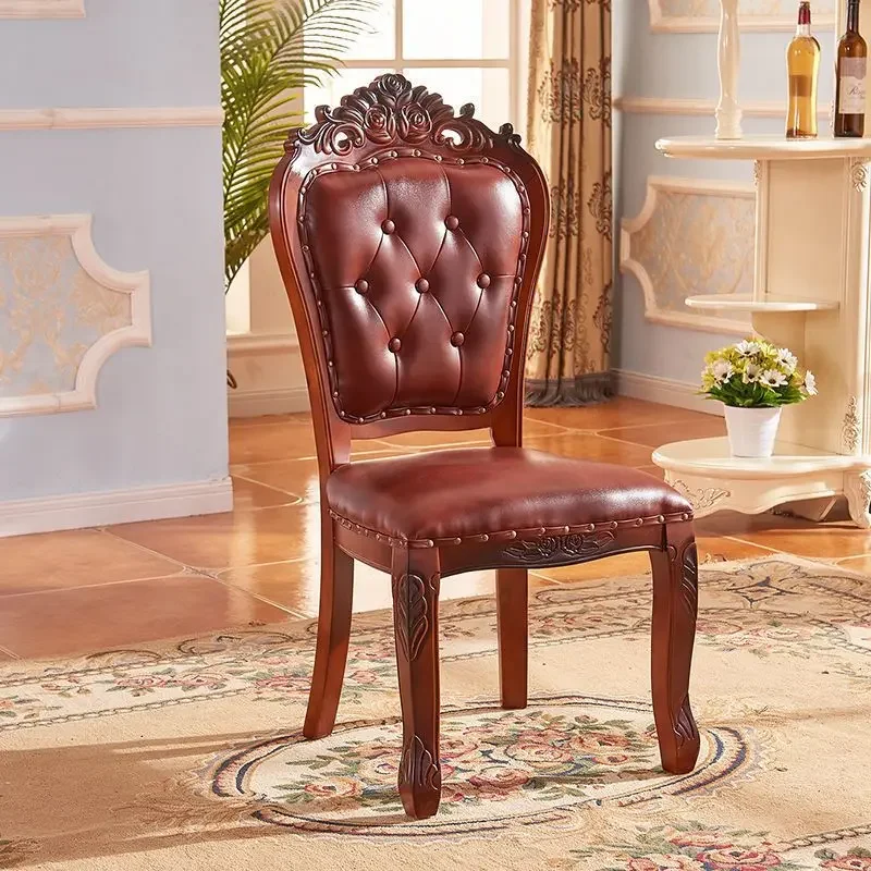 European Dining Chair Comfortable Casual Solid Wood Leather Upholstery Hotel Conference Chair Makeup Chair Mahjong Backrest Home
