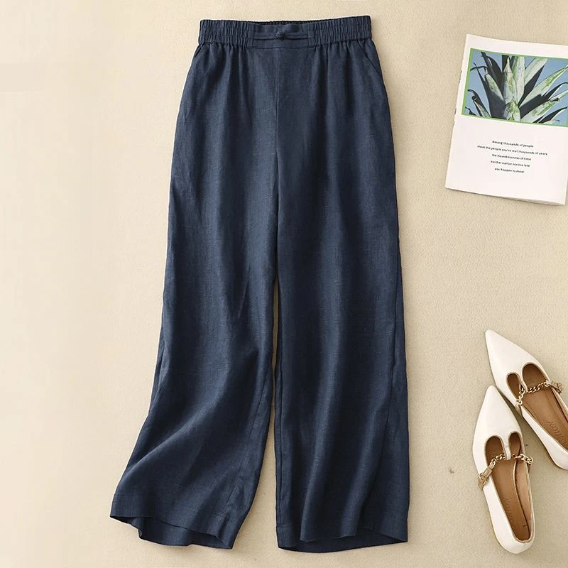 

New Chinese Style Buttoned Cotton and Linen Wide Leg Women's Summer New Commuting 9-point Loose Fitting Straight Leg Pants Z704