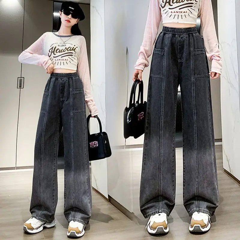 

80-200 Catties Black Gradient Denim Pants Straight Leg Loose High Waist Slimming Big Size Women Jeans New Fat Mm Baggy Trousers