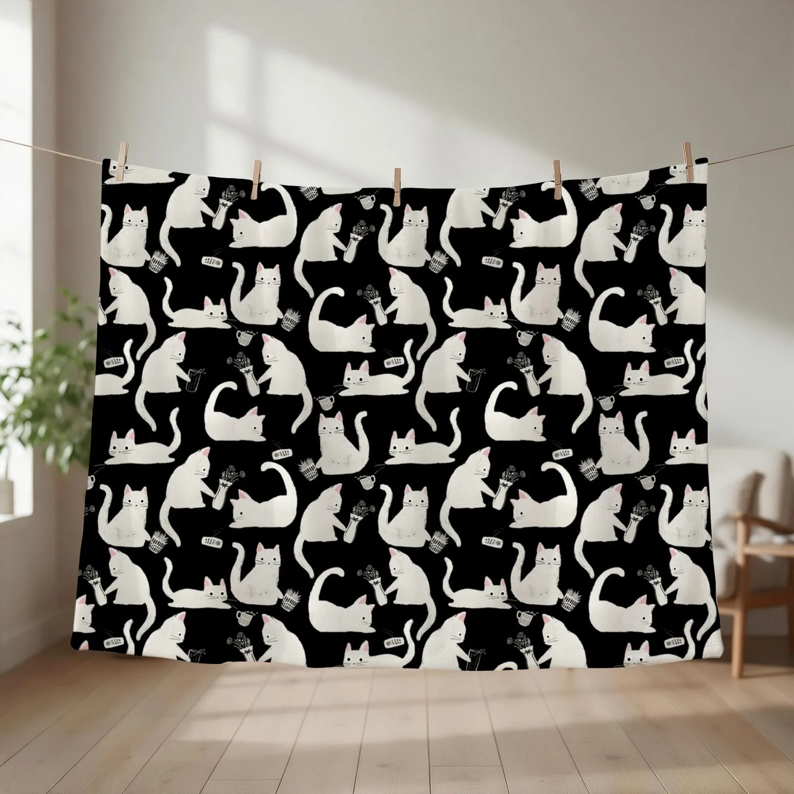 Bad Cats Knocking Stuff Over, White Cats on Black Throw Blanket couch cozy soft plush fuzzy picnic outdoor blanket