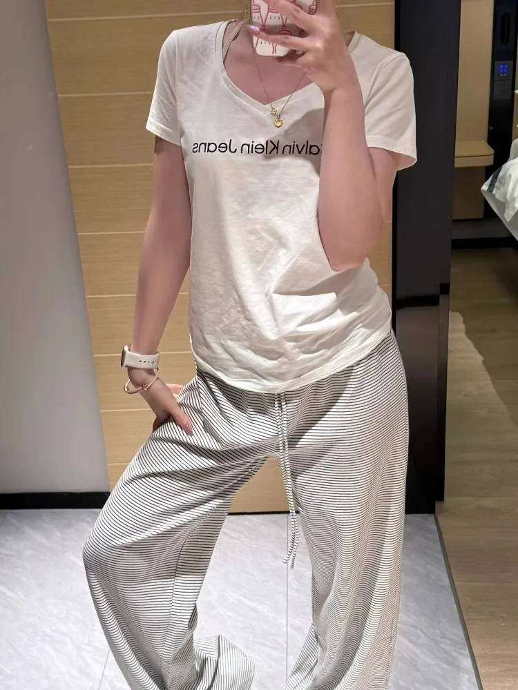 Pantalones informales de pierna ancha y cintura baja para mujer, pantalón fino, holgado, deportivo, para caminar, coreano, Bla, rayas blancas, corte holgado, novedad de verano