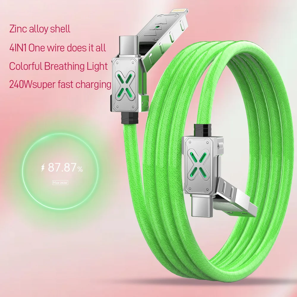 240W 4-in-1 Super Fast Charging Data Cable USB-C To Type-C Zinc Alloy Cable For Iphone Samsung Huawei Xiaomi Multi Port Multiple