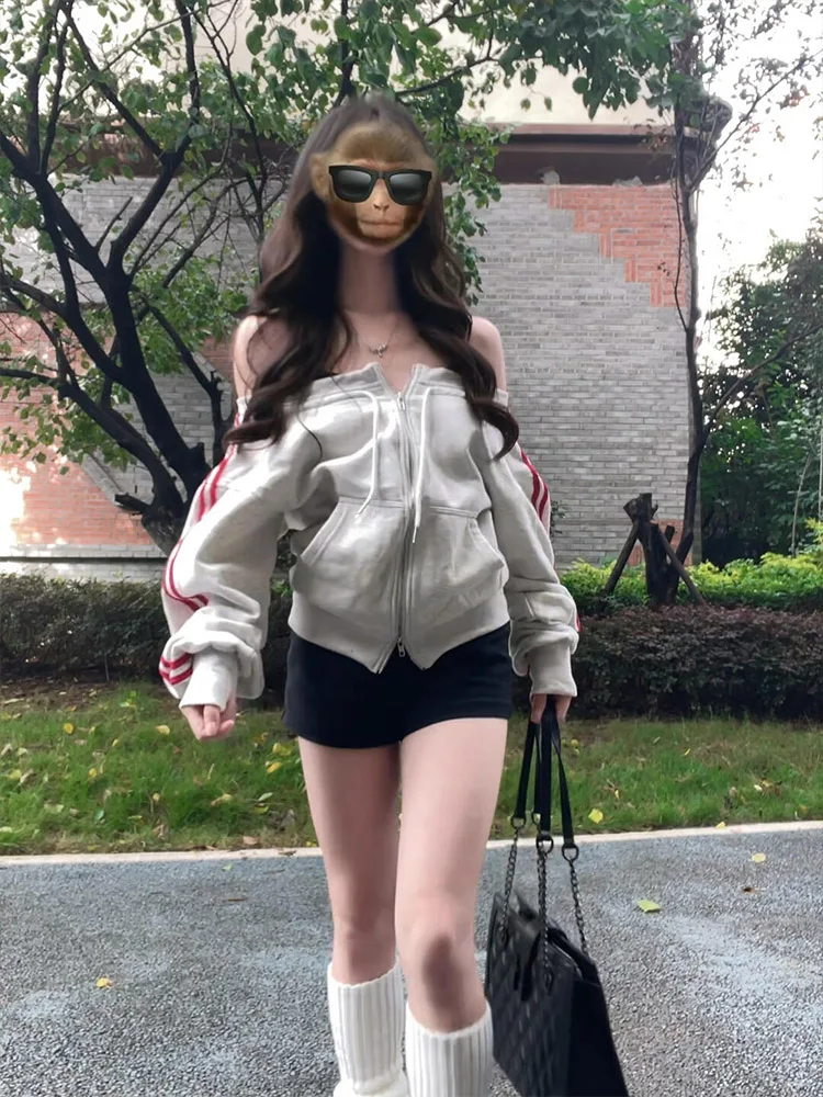 미국 핫걸 지퍼 스웨트셔츠 여성 슬림핏 어깨 노출 캐주얼 아우터웨어 한국 스타일 롱 슬리브 컬러