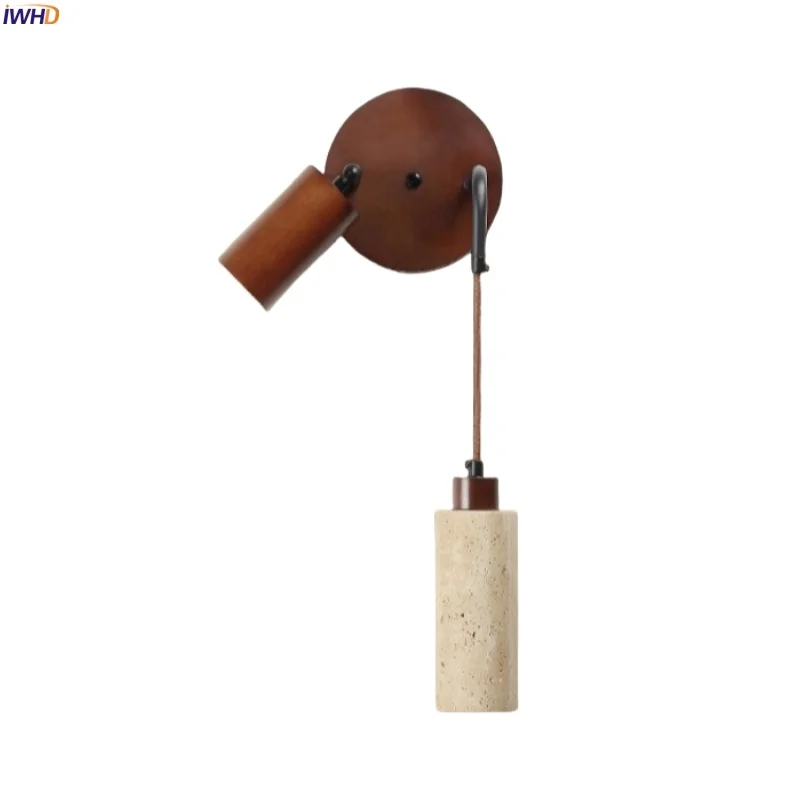 

IWHD Mid Century Modern LED Wall Lights 70cm Wire Adjustable Button Switch Yellow Travertine Reading Bedroom Lamps Aplique Pared