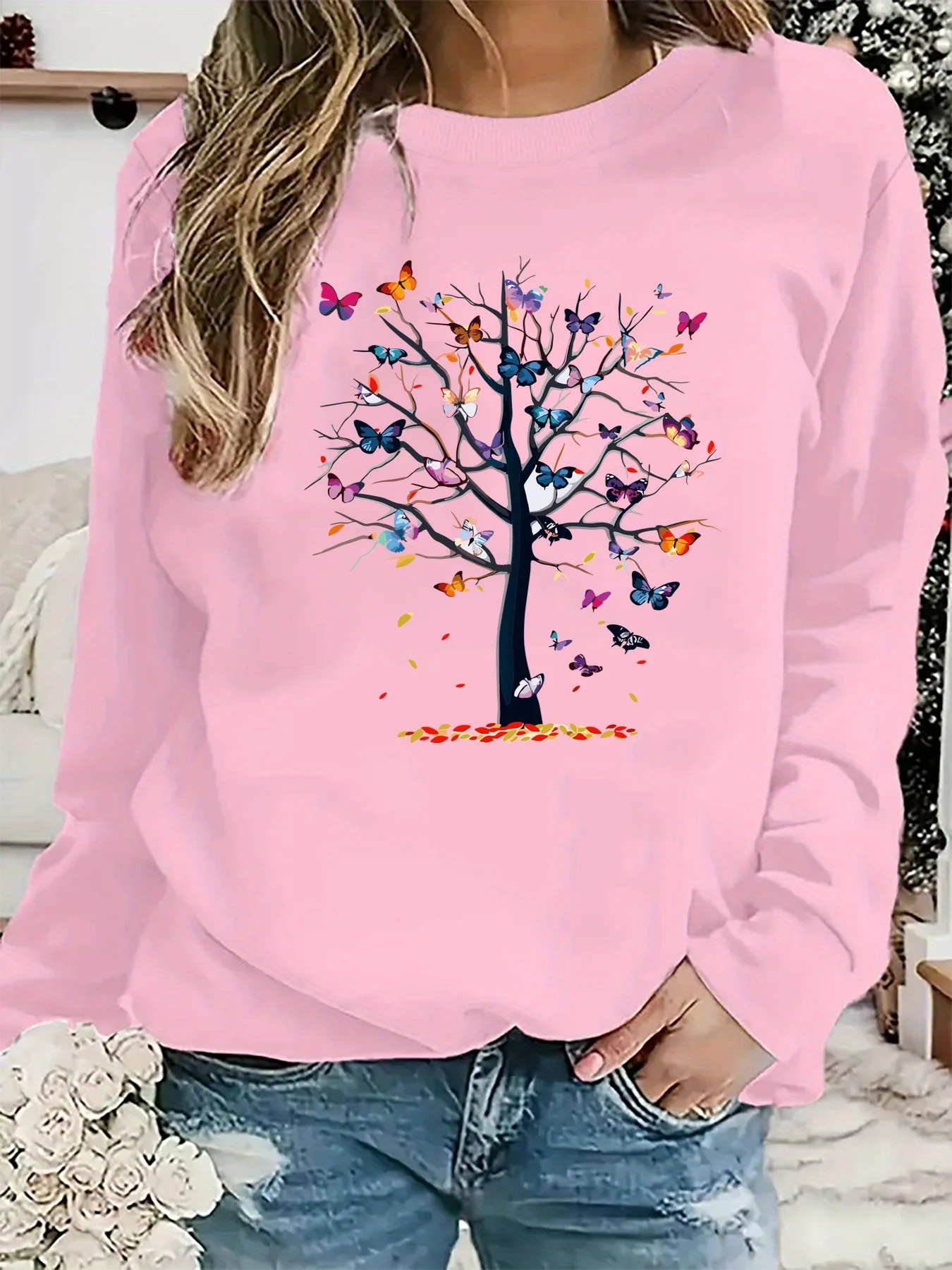 سترة نسائية للخريف والشتاء كاجوال فضفاضة ومريحة ودافئة على شكل شجرة فراشة مطبوعة برقبة دائرية وأكمام طويلة