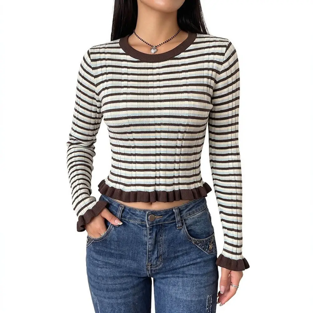 Vintage Style Stripe Sweater Women O Neck Flare Sleeve Pullover Slim Fit Autumn Casual Soft Knitwear Fashion Crop Top 4