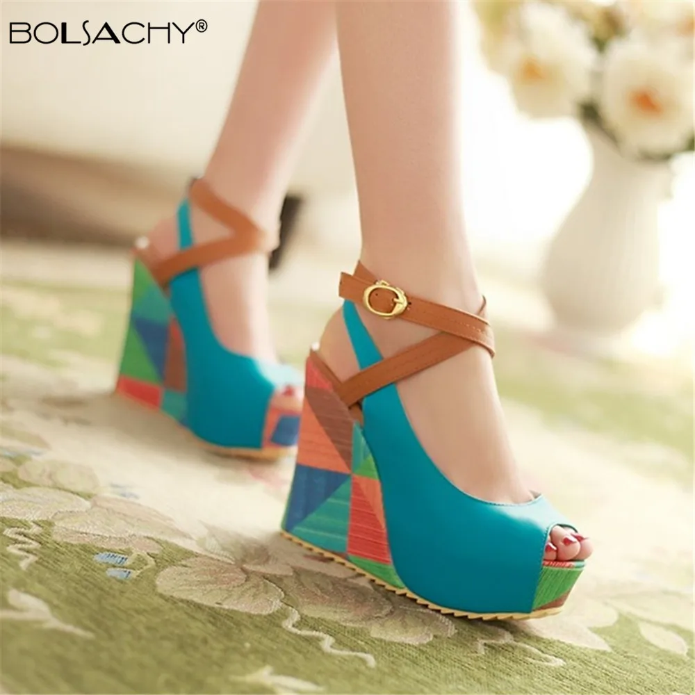 2024 New Women High-heeled Sandals Boho Wedge Mixed Color Peep Toe High Heels Beach Shoes Drees Shoes Ankle Tie Muller Shoes