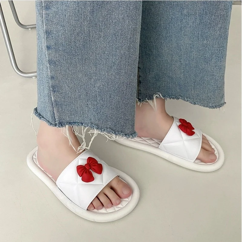 Summer Cute Bow Simple Women's Slippers Comfortable Soft Bottom Outdoor Slippers Non slip Lightweight Bathroom Shoes