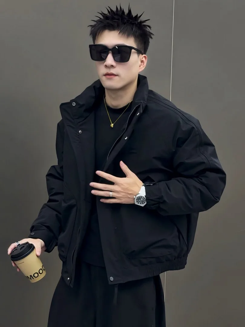 

Men's Bla Stand Collar Cotton Jaet Thi Warm ort Sle Faionable Winter Coat Cleanfit Casual Wear Polyester Fiber