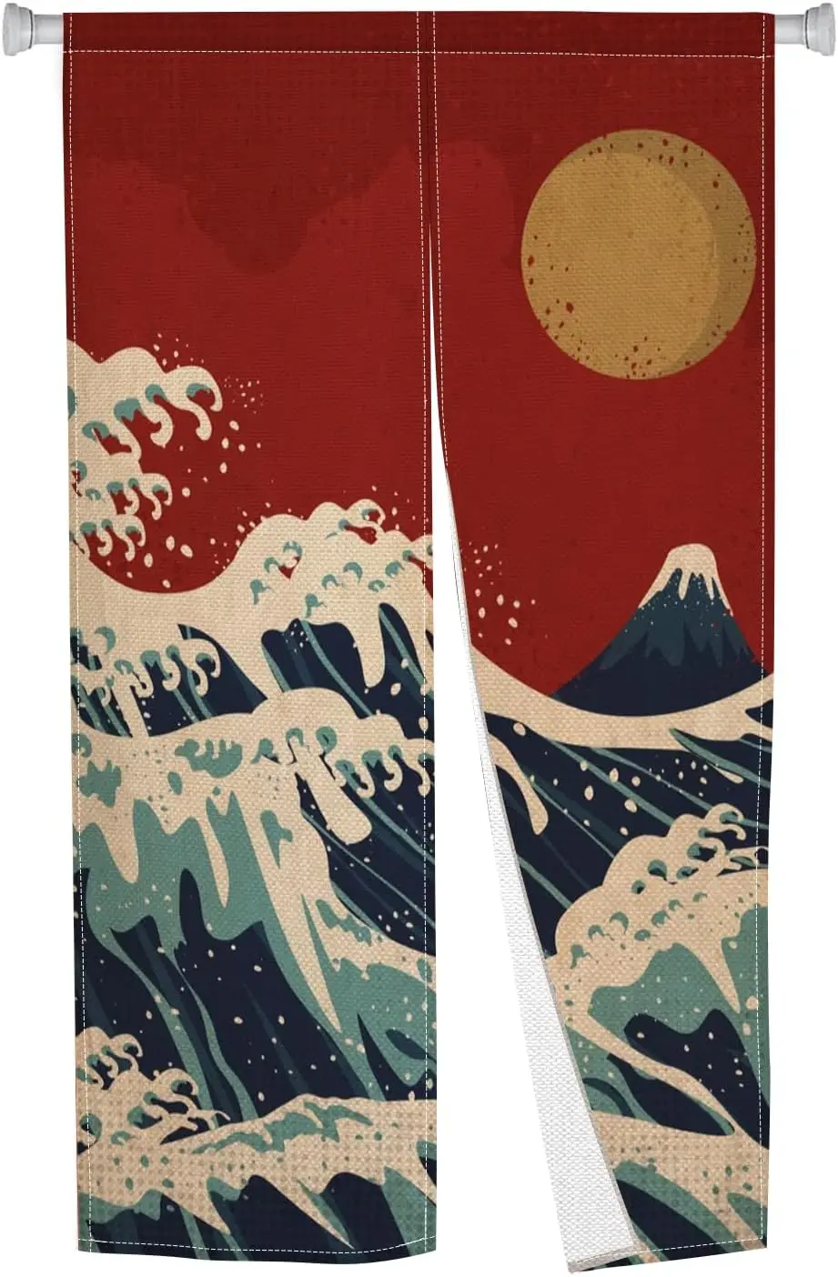 Elegant Japanese Ukiyo-e Door Curtain, Red Background Great Wave & Mount Fuji Design, Serene Entryway & Living Room Decor