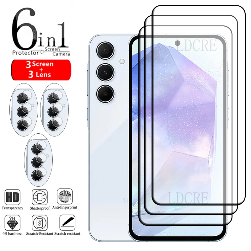 Szkło 6 w 1 do Samsung A55 5G Szkło do Samsung A55 Szkło 9H Pełna osłona kleju Ochrona ekranu do Samsung Galaxy A 55 A55 Szkło obiektywu