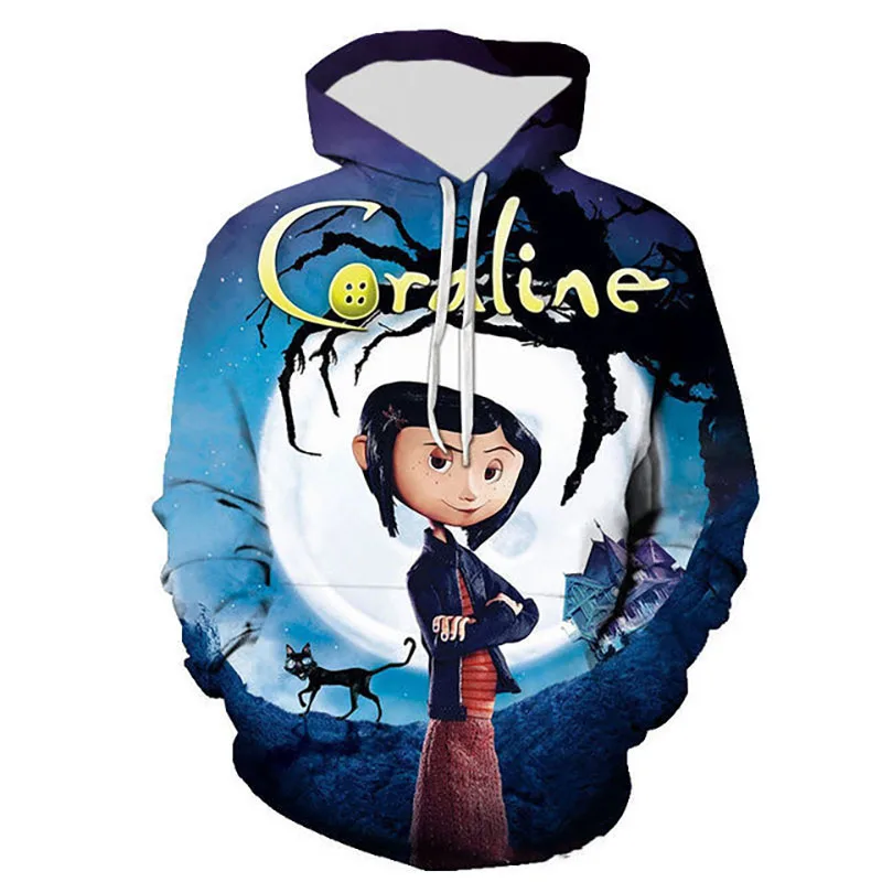 Sudadera con capucha de dibujos animados para hombre y mujer, suéter con estampado 3D de Coraline, ropa de chándal informal de gran tamaño, otoño