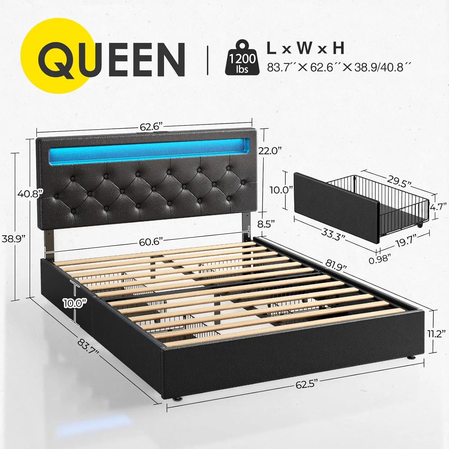 Cadre de lit Queen Size avec lumières LED et ports USB, lit en cuir PU, planche de sauna réglable, 4 rangements