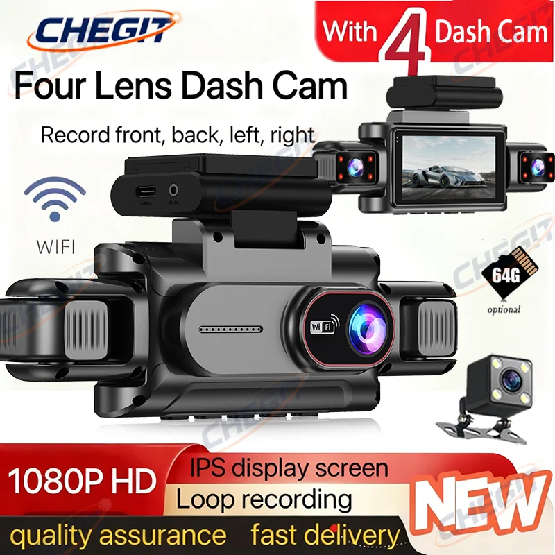 

Автомобильный видеорегистратор 4-канальный черный ящик Wi-Fi Камера вождения FHD 1080P Передняя левая правая задняя петля ночного видения Запись добавление Hardwireki